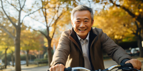 Senior Asian man with a big smile, cycling confidently.