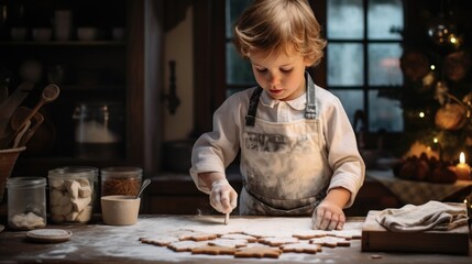 little boy in an apron making, preparing gingerbread cookies, with a Christmas tree, banner