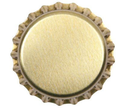 New golden bottle cap for beer isolated on white, top view, macro
