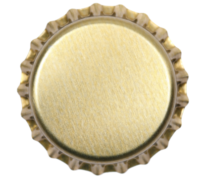 New golden bottle cap for beer isolated on white, top view, macro
