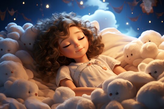 A Little Girl Surrounded by a Snowy Sea of Cuddly White Teddy Bears. A little girl laying in a pile of white teddy bears