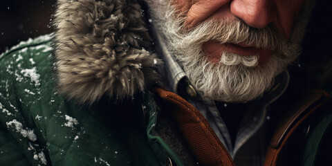 Weathered face of an elderly man in winter attire, set against a snowy.