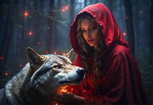Fashion photography of a Little Red Riding Hood and big gray wolf
