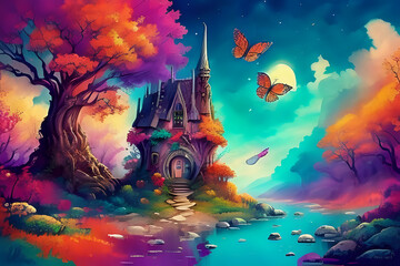 Castle colorful mountain landscape