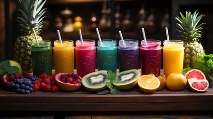 Fototapeten Colorful Fresh Juice Bar.  Vibrant Smoothie Selection © EwaStudio