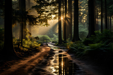 Landscape of a forest with sunlight, generative AI