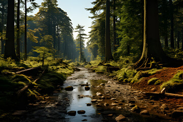 Landscape of a forest with sunlight, generative AI