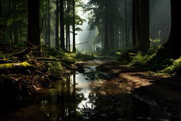 Landscape of a forest with sunlight, generative AI