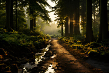 Landscape of a forest with sunlight, generative AI