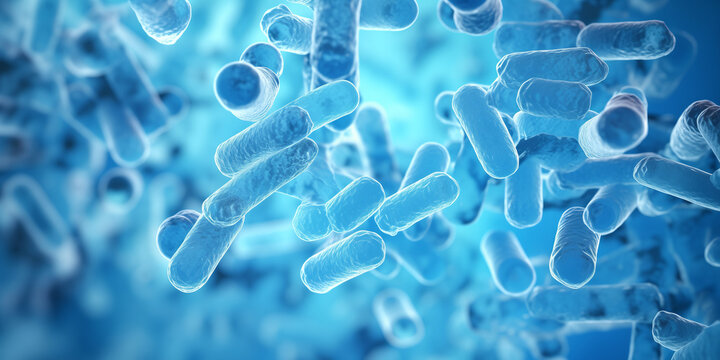 Bacterial colony bacteria on blue color. Concept of science Microbes banner