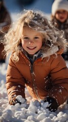 Portrait of kid girl, playing in the snow outside. AI generation