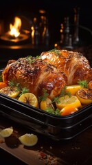 Roasted chickens with vegetables, lemon and herbs in a baking dish. Festive dinner with AI generated