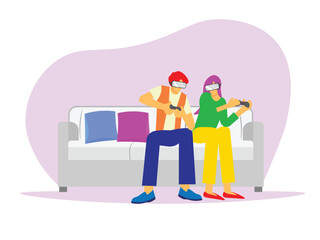 Flat illustration of couple playing virtual reality games. happy couple spending their free time by playing video games