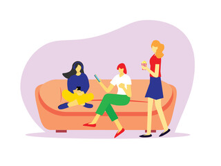 Flat illustration of friends sitting on sofa enjoying snack. happy best friends sitting on the couch eating popcorn