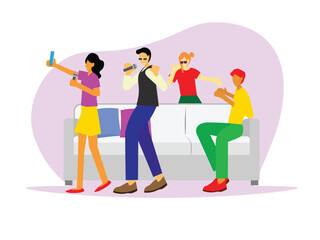 flat illustration of happy friends singing together. Friends spending time by enjoying the karaoke and taking some selfie