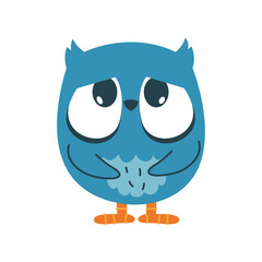 Funny cute sad owl, shy bird. Vector icon, sticker
