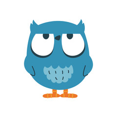 Funny dissatisfied owl, halfclosed eyes. Vector icon, bird sticker