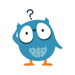 Funny owl with a question. Vector icon, bird sticker