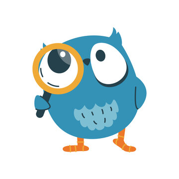 Naklejki Funny curious owl with a magnifying glass. Vector icon, bird sticker