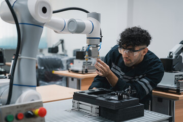 Student engineer Assembling Robotic Arm with computer in Technology Workshop. Service Engineer...