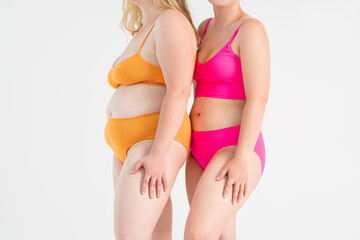 Two overweight women with fat flabby bellies, legs, hands and hips on gray background, plastic surgery and body positive concept