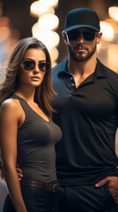 Gorgeous Girl in Sunglasses and a Hat with Muscular Man