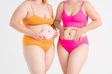 Tummy tuck, two fat women with flabby bellies on gray background, plastic surgery and body positive concept