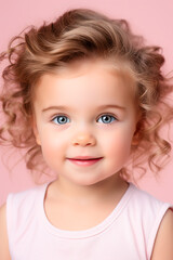 Naklejka premium Happy Little Girl Portrait. Joyful Child in a Pink World