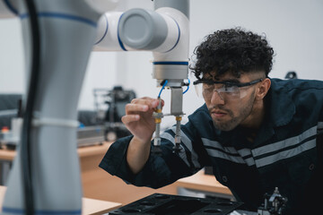 Student engineer Assembling Robotic Arm with computer in Technology Workshop. Service Engineer Holding Robot Controller and Checking Robotic Arm Welding Hardware.