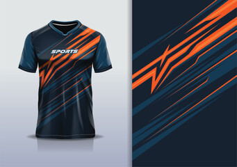 T-shirt mockup with abstract stripe line sport jersey design for football, soccer, racing, esports, running, in orange blue color © Nimpuna O