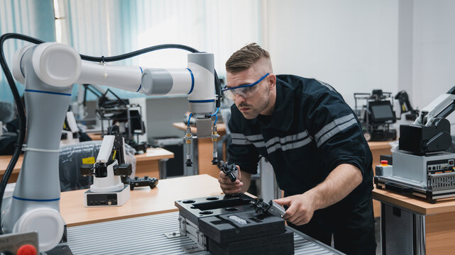 Student engineer Assembling Robotic Arm with computer in Technology Workshop. Service Engineer Holding Robot Controller and Checking Robotic Arm Welding Hardware.