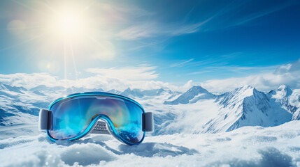 Ski or snowboard goggles lie on the snow against the backdrop of the beautiful Alpine mountains with space for text.