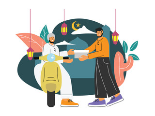 Flat illustration of moeslem people give alms. Ramadan kareem concept flat design. Eid mubarak