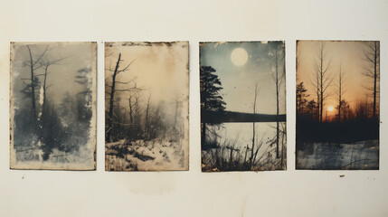 Vintage photo collage. Winter landscape with road and trees.