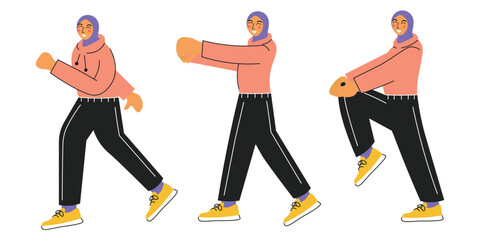 Flat illustrations of young muslim woman do workout or sport activities during iftar