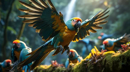 Zelfklevend Fotobehang Avian Euphoria. Parrots in Flight © EwaStudio