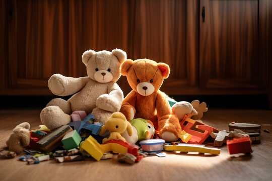 a pile of stuffed animals sitting on top of a wooden floor Generative AI