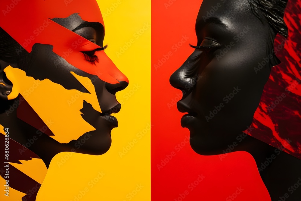 Poster a close up of a woman's face with a red and yellow background generative ai