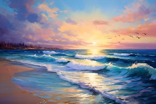 Vibrant Ocean Sunset with Seagulls Gracefully Gliding Over the Water. Golden Hour Serenity. Watercolor illustration.