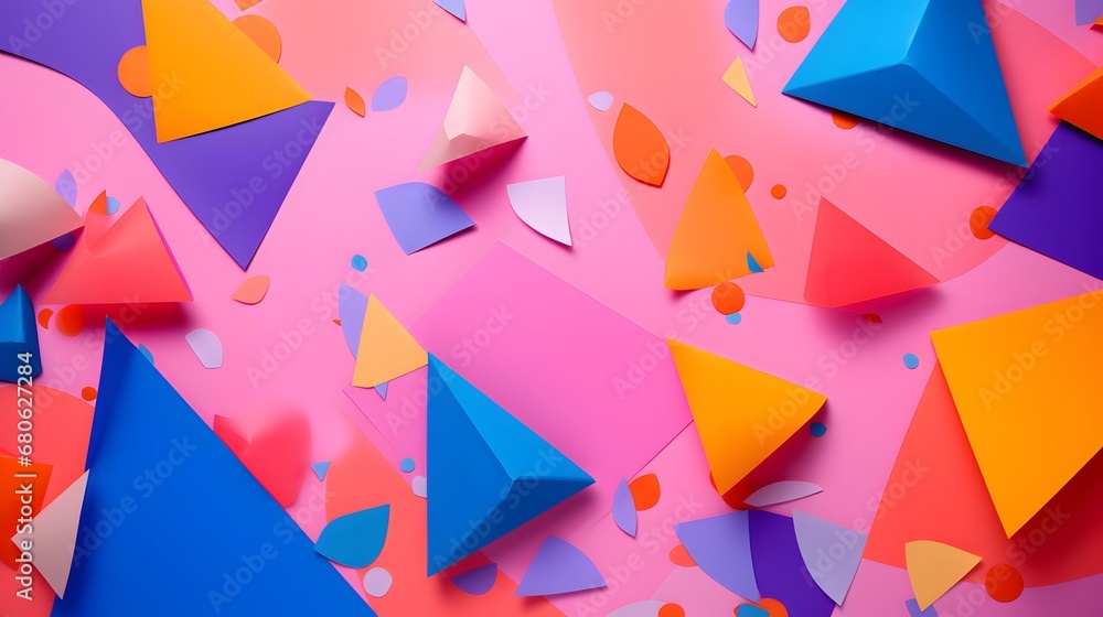 Poster a bunch of different colored paper shapes on a pink surface generative ai