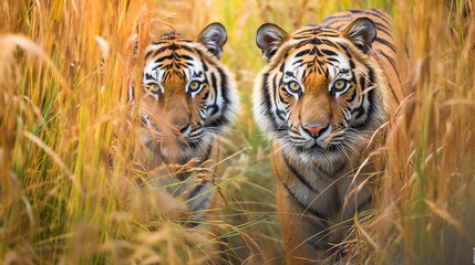 Tiger in Tall Grass - obrazy, fototapety, plakaty