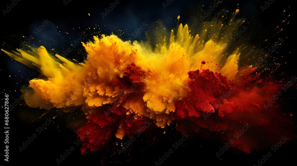 Poster a red and yellow explosion of powder on a black background generative ai