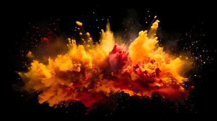 a red and yellow explosion of powder on a black background Generative AI