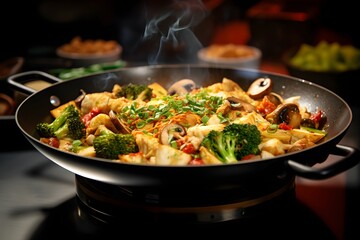 a wok filled with lots of food sitting on top of a stove Generative AI - obrazy, fototapety, plakaty