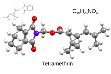 Chemical formula, skeletal formula, and 3D ball-and-stick model of insecticide tetramethrin
