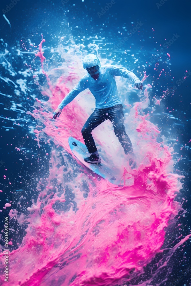 Poster a man riding a wave on top of a surfboard generative ai