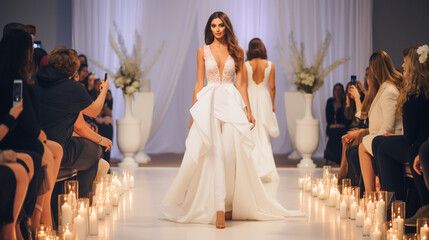 Wedding Model.  Female models walk the runway in beautiful stylish white wedding dresses during a Fashion Show