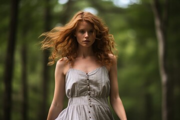 Fototapeta na wymiar Portrait of an elegant woman walking in the woods in a beautiful sundress. Generative AI.