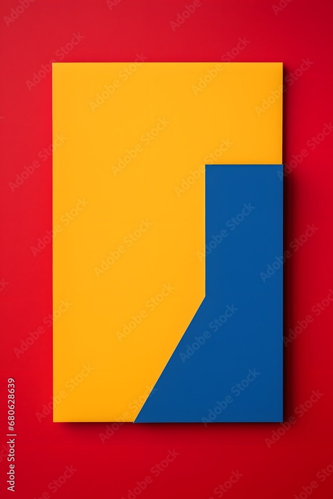 Poster a yellow and blue square on a red background generative ai