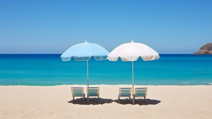two chairs and an umbrella on a beach Generative AI